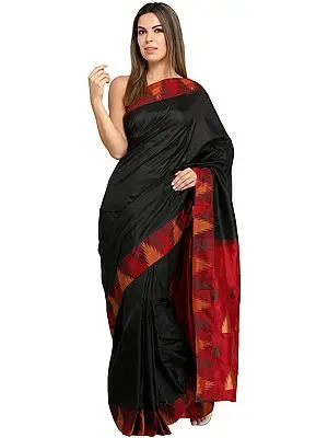 Caviar-Black Plain Sari from Karnataka with Temple Woven Border