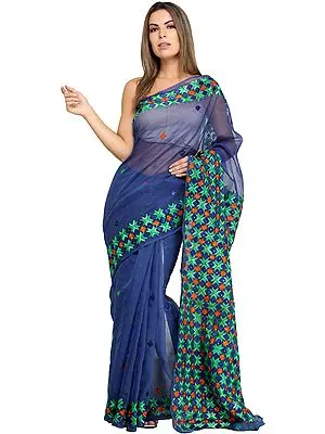 Dazzling-Blue Phulkari Sari from Punjab with Embroidered Bootis and Sequins