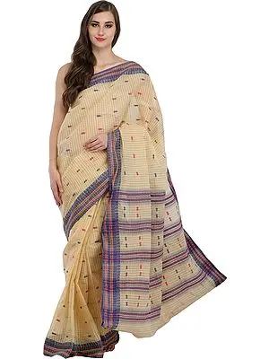 Banana-Grape Sari from Assam with Woven Bootis and Stripes