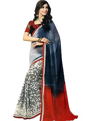Flame-Scarlet Printed Georgette Sari with Aari Embroidered Border and Crystals on Pallu