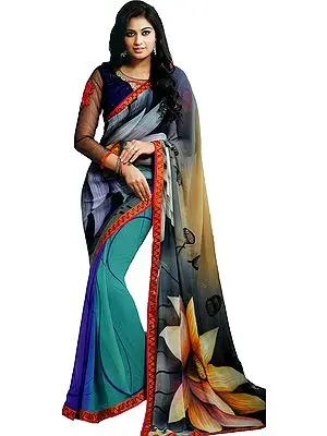 Multicolor Printed Georgette Sari with Floral Patch Border