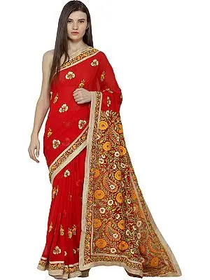 Bittersweet-Red Phulkari Sari from Punjab with Embroidered Flowers and Sequins