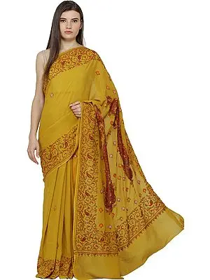 Antique-Moss Sari from Kashmir with Sozni Hand-Embroidered Florals and Paiselys