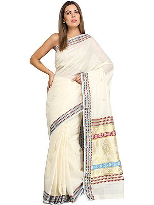 Ivory Kasavu Sari from Kerala with Woven Bootis and Border
