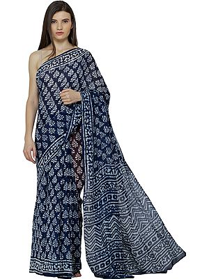 Twilight-Blue Mriganayani Sari with Bagdoo Block-Print