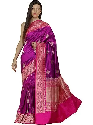 Purple-Wine Handloom Sari from Banaras with Woven Bootis and Florals in Zari Thread