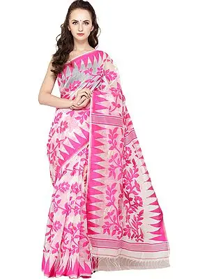 Rasberry-Sorbet Jamdani Sari from Bangladesh with Temple Border and Florals Weave All-Over