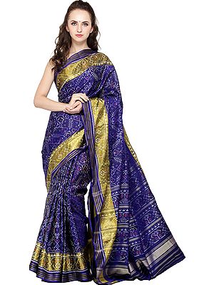 Marzipan-Blue Handloom Paan Patola Sari from Gujarat with Ikat Weave