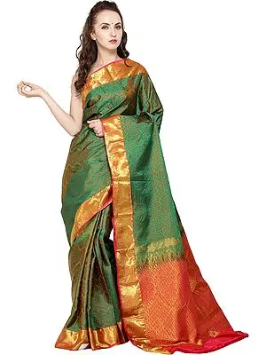 Vineyard-Green Traditional Brocaded Sari from Bangalore with Woven Bootis and Paiselys