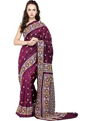 Plum-Purple Sari from Kolkata with Kantha Hand-Embroidered Motifs All-Over