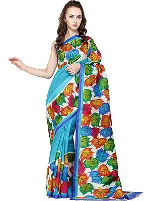 Hawaiian-Ocean Printed Sari from Kolkata with Multi-Color Leaves on Border and Pallu