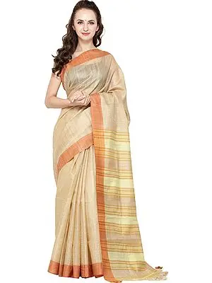 Marzipan Kosa Silk Sari from Jharkhand with Woven Stripes on Aanchal