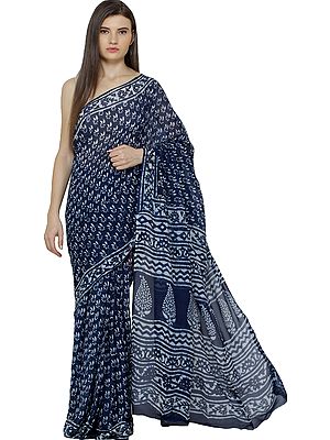 Twilight-Blue Mriganayani Sari from Madhya Pradesh with Bagdoo Block-Print