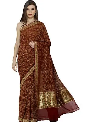 Mineral-Red Handloom Wedding Sari from Banaras with Zari-Woven Borer and Florals All-Over