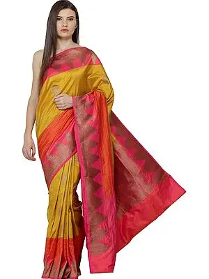 Old-Gold Handloom Brocaded Sari from Banaras with Zari-Woven Temple Border and Trees
