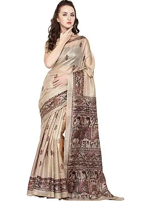Warm-Sand Sari from Bihar with Madhubani Print