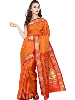 Amber-Glow Paithani Sari with Hand-Woven Peacocks on Pallu