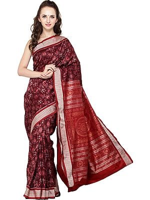 Windsor-Wine Sambhalpuri Handloom Sari from Orissa with Ikat Weave