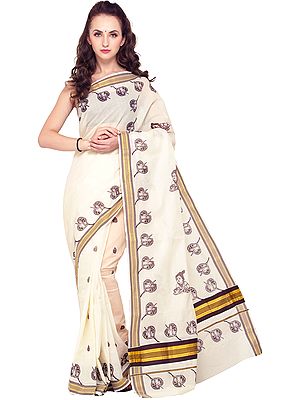 Off-White Kasavu Sari from Kerala with Woven Border and Printed Little Krishna