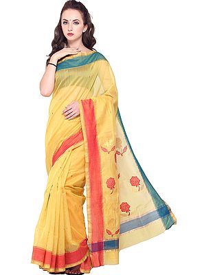 Aspen-Gold Chanderi Sari with Woven Bootis and Roses on Pallu