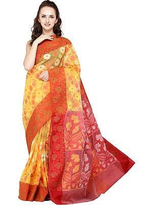 Amber-Yellow Dhakai Handloom Sari from Bangladesh with Woven Florals and Bootis All Over