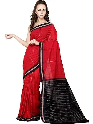 Scarlet-Red and Black Handloom Sari from Sambhalpur with Temple Border and Ikat Weave on Pallu