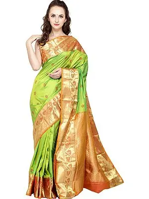 Lime-Green Traditional Brocaded Sari from Bangalore with Woven Flowers and Bootis