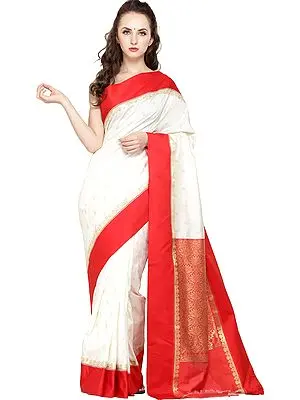 Pearl-White Jamdani Sari from Bangladesh with All-Over Woven Bootis and Brocaded Aanchal