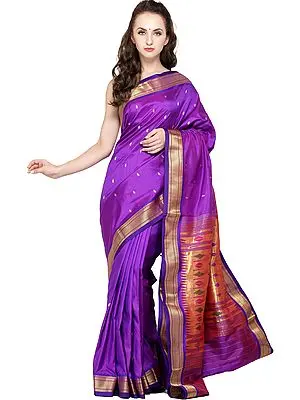 Dark-Purple Paithani Sari with Hand-Woven Peacocks on Pallu