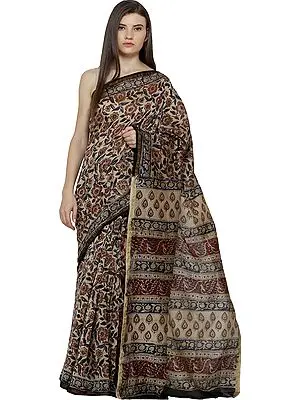 Warm-Sand Kalamkari Printed Sari from Andhra Pradesh with Florals All Over