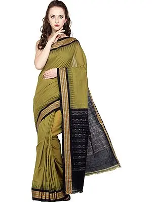 Green-Olive and Black Handloom Sari from Sambhalpur with Temple Border and Ikat Weave on Pallu