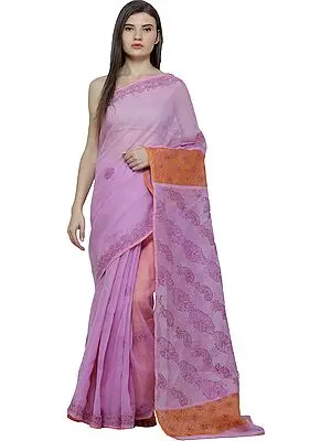 Lilac-Chiffon Lukhnavi Chikan Sari with Hand-Embroidered Florals and Paiselys