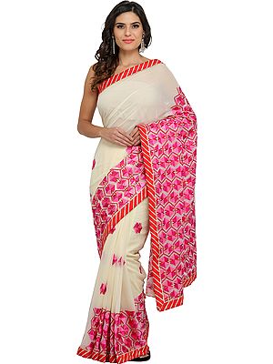 Cream Phulkari Sari from Punjab with Pink Hand-Embroidered Motifs and Patch Border