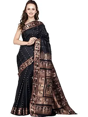 Caviar-Black Baluchari Sari from Bengal with Zari Woven Hindu Mythological Episodes