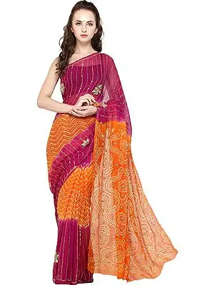 Pink and Orange Shaded Bandhani Tie-Dye Sari with Embroidered Sequins and Crystals
