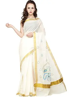 Ivory Kasavu Sari from Kerala with Embroidered Paisleys and Golden Border