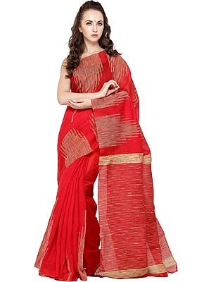 Rococco-Red Purbasthali Sari from Bengal with Woven Temple Border and Stripes on Pallu