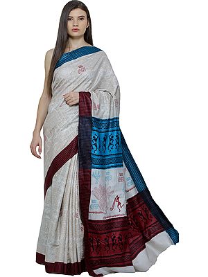Pearled-Ivory Sari with Printed Figures Inspired by Warli Art
