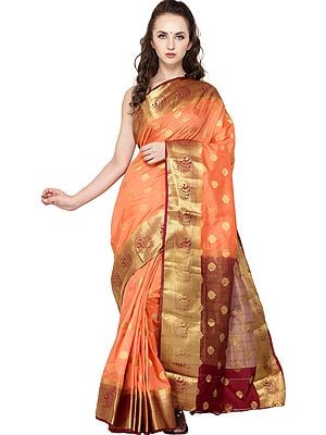 Camelia-Orange Traditional Brocaded Sari from Bangalore with Woven Bootis and Peacocks