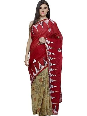Flame Scarlet-Red and Beige Printed Batik Sari from Madhya Pradesh with Painted Border and Anchal