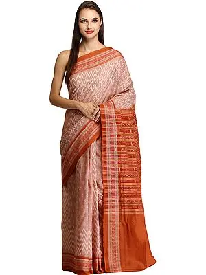Caramel Bomkai Handloom Sari from Orissa with Woven Bootis on Border and Pallu