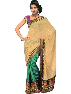 Beige and Green Sari from Surat with Patch Border and Woven Bootis