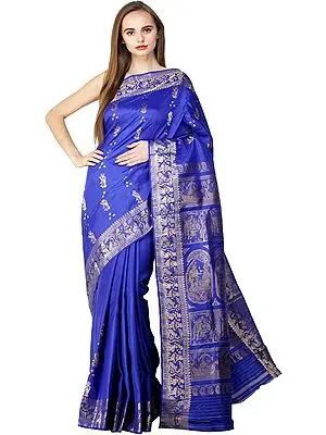Dazzling-Blue Baluchari Sari from Bengal with Zari Woven Hindu Mythological Episodes