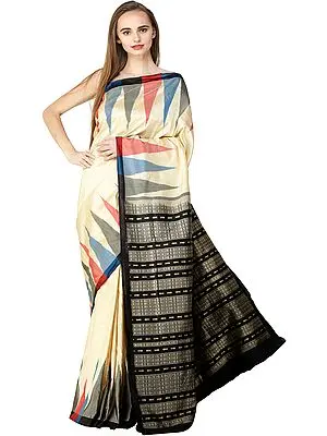 Sea-Mist Handloom Bomkai Sari from Orissa with Temple Border and Fishes Woven on Pallu