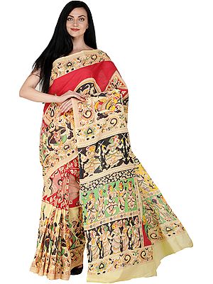 Pale-Yellow Sari from Bengal with Printed Kalamkari Folk Motifs and Goddess Saraswati on Aanchal