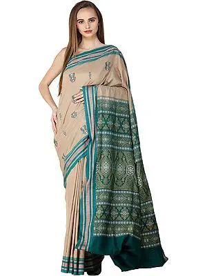 Cadmium-Green and Curry Bomkai Sari from Orissa   with Woven Bootis on Border and Pallu