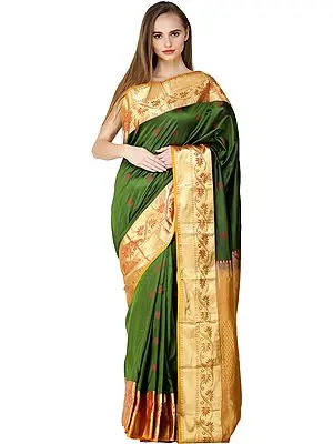 Vineyard-Green Traditional Brocaded Sari from Bangalore with Woven Flowers and Bootis
