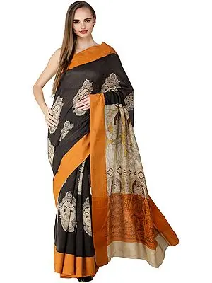 Pirate-Black Kalamkari Sari with Goddess Lakshmi Printed on Aanchal