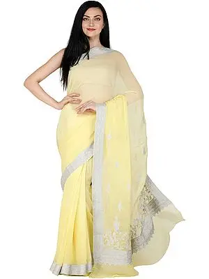 Yellow-Cream Sari from Kashmir with Silver Zari Thread Embroidered Border
