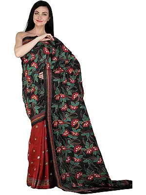 Phantom-Black Sari from Kolkata with Kantha Hand-Embroidered Flowers All-Over
